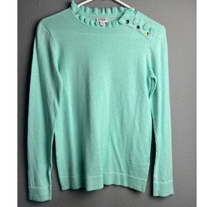 J.Crew Mint Green Ruffle Neck Old Money Gold Button Shoulder Cotton Sweater XXS